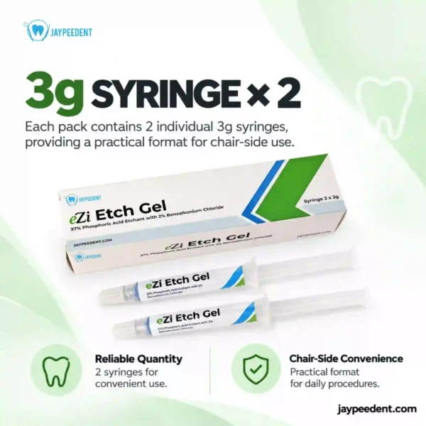 Jaypee Dent eZi Etch Gel 37% Phosphoric Acid Etchant with 2% Benzalkonium Chloride, Dental Etching Gel for Enamel & Dentin, 3g and 25g Syringe