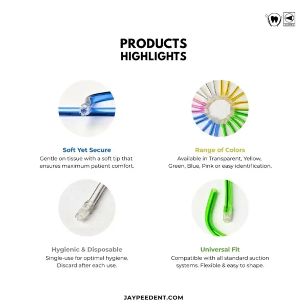 Sali-Vac Saliva Ejector Tips, Pack of 100, Transparent, Pink, Yellow, Blue, Green Colors