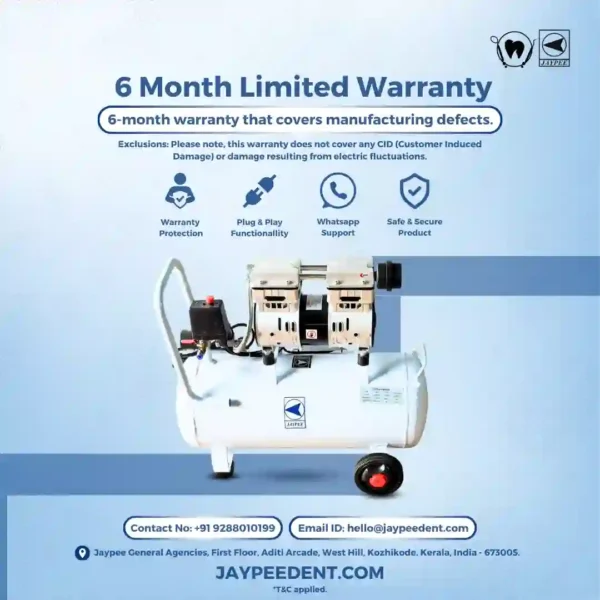 Jaypee Dental Air Compressor, 30 Liter Tank, 1 Hp Motor, Oil Free, For Dental Clinics, Dental Labs