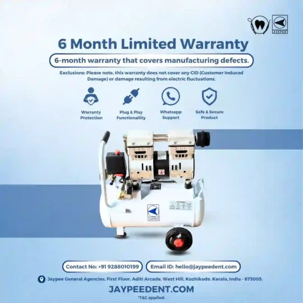 Jaypee Dental Air Compressor, Oil Free, 1 Hp Motor, 18 Liter Tank, 8 Kg/Cm Max Pressure (8 Bar), For Dental Clinics, Dental Labs