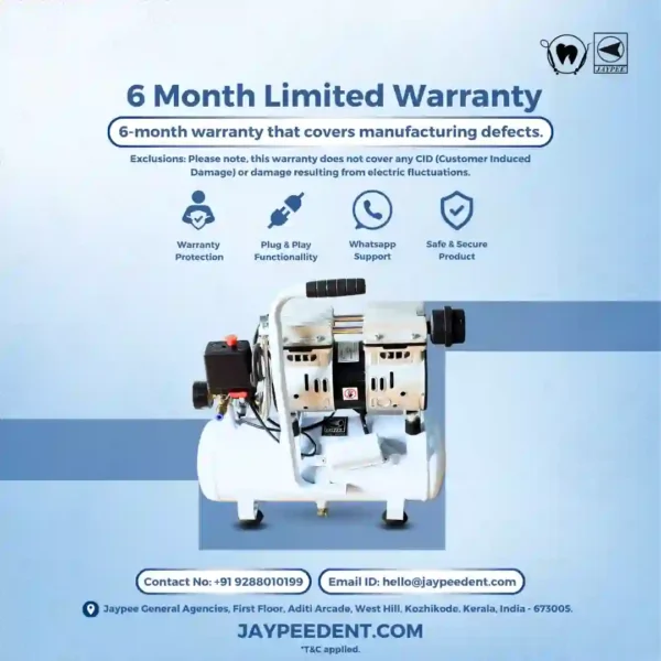 Jaypee Dental Air Compressor, Oil Free, 0.75 Hp Motor, 8 Liter Tank, 8 Kg/Cm Max Pressure (8 Bar), For Dental Clinics, Dental Labs