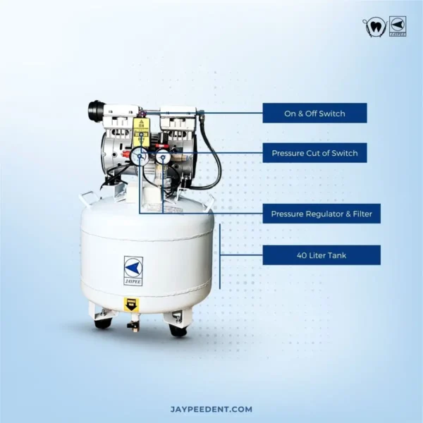 Dental Air Compressor, Oil Free, 1 HP Motor, 40 Liter Tank, For Dental Clinics, Dental Labs