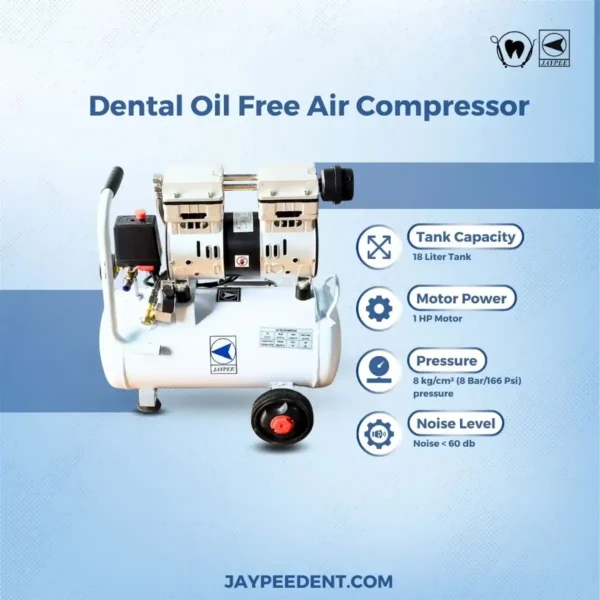 Jaypee Dental Air Compressor, Oil Free, 1 HP Motor, 18 Liter Tank, 8 Kg/cm Max Pressure, For Dental Clinics, Dental Labs