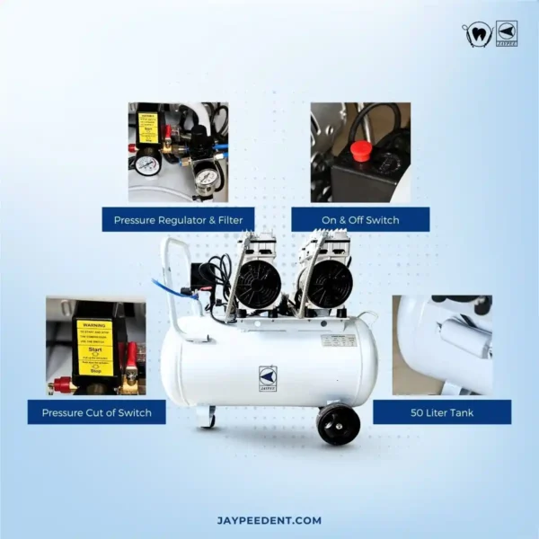 Jaypee Dental Air Compressor, 50 Liter Tank, 2 HP Motor, Oil Free, For Dental Clinics, Dental Labs
