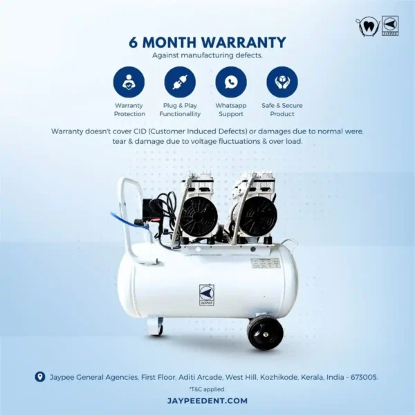 Jaypee Dental Air Compressor, 50 Liter Tank, 2 HP Motor, Oil Free, For Dental Clinics, Dental Labs
